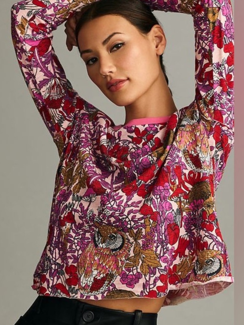 Maeve Anthropologie Caitlin Owl Mushroom Floral Boxy Cotton Top Shirt Cottage S